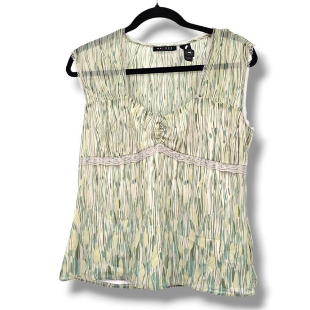 Axcess Sleeveless‎ Sheer Blouse Top Size 10 Green Blue Cream Lace Trim Retro